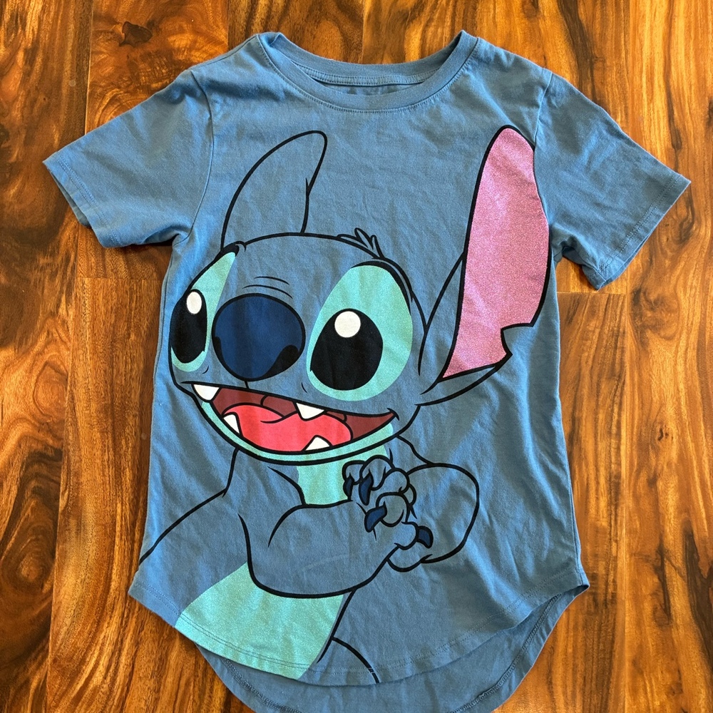 Disney‎ Lilo & Stitch Blue Graphic T-Shirt Glitter Ear Curved Hem XS (1)